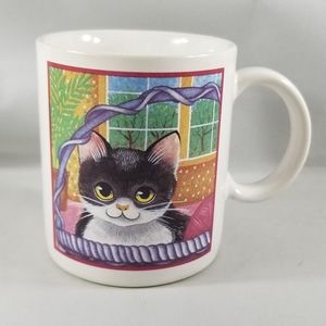 Black and White Cat In Blue Basket of Yarn Mug Japan